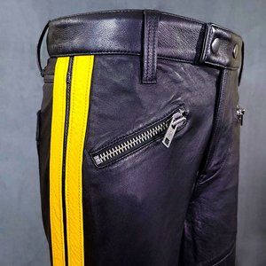 NWT - POLO Ralph Lauren Black Lamb Leather Moto Pants Yellow Stripe